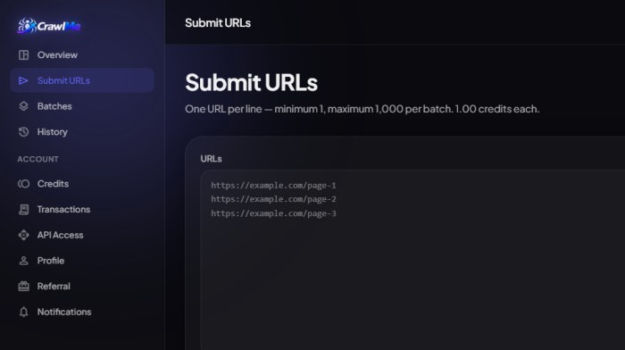 CrawlMe URL submission screen with a bulk URL input field